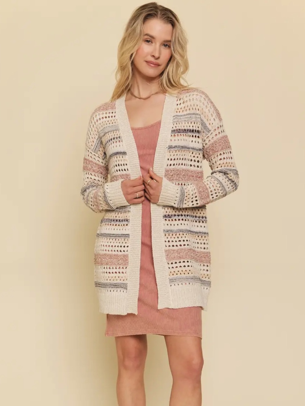 MYSTREE Open-Front Striped Knit Cardigan - Cream & Blush